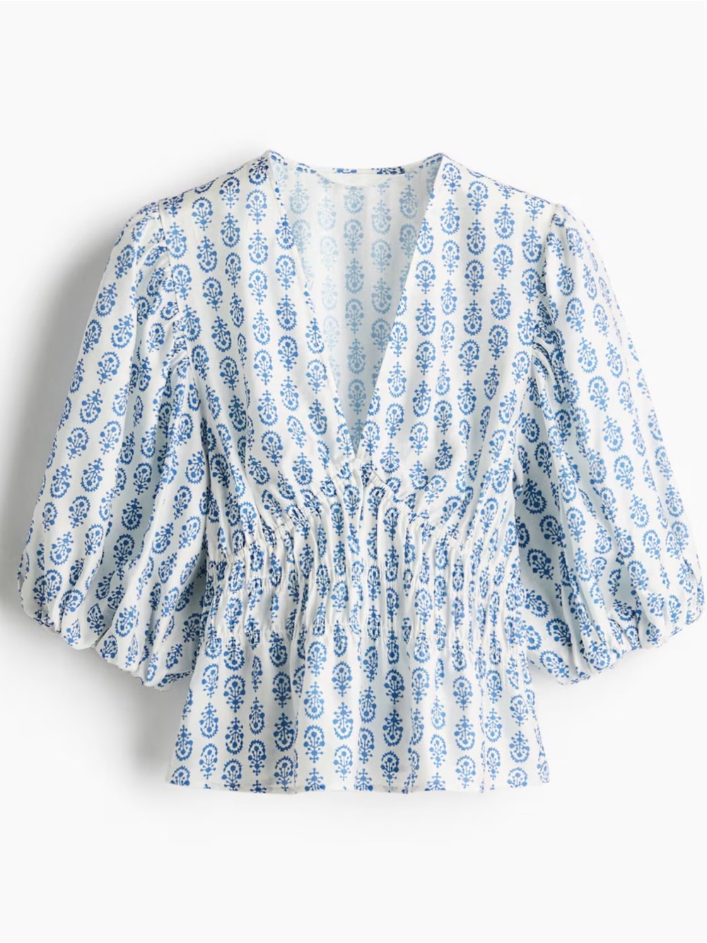 H&M Smocked Peplum Balloon Sleeve Top White & Blue Size S NWOT